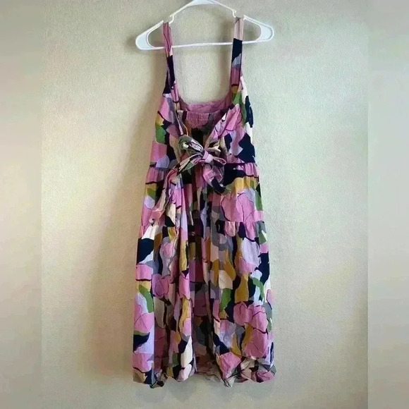 Ava & Viv Floral pink Print Smocked Tie Back Tiered Midi Dress with pocket 2X - Picture 3 of 8